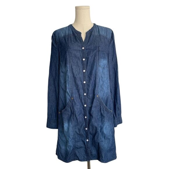 Ellos Western Denim Midi Dress Sz S/M Pearl Button Roll Tab Peasant Cottagecore - Picture 4 of 14